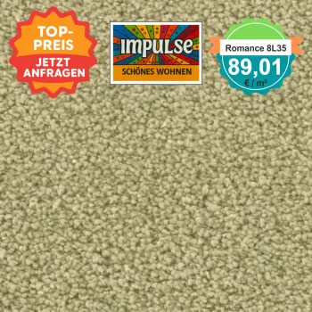 Teppichmuster mit Label „Impulse WOLFSBURG“ und Badge „Romance 8L35 – 89,91 €/m²“